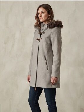 Gray Wool Winter Coat with Faux Fur Hood